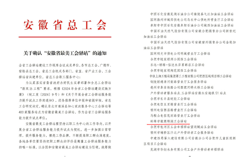 喜報(bào)！徽商錦潤(rùn)公司工會(huì)驛站榮獲“安徽省 最美工會(huì)驛站”稱號(hào)